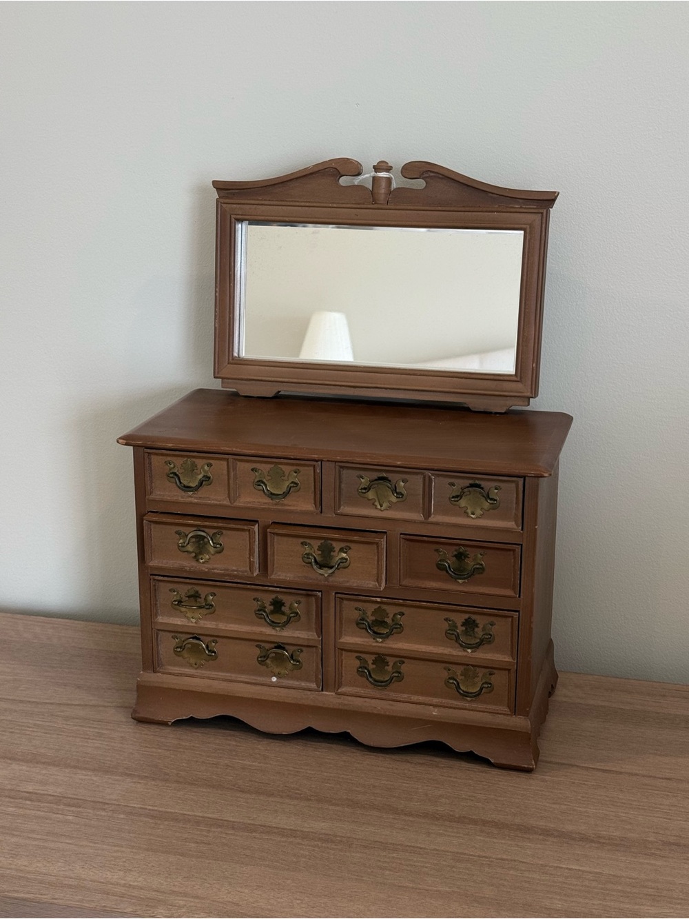 Vintage Wooden Jewelry Organizer with Mirror & Music Box